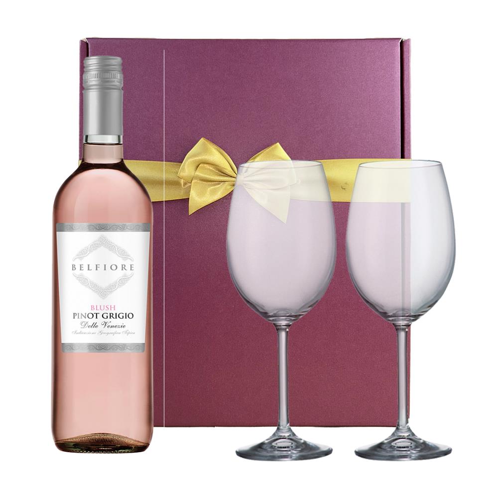 Belfiore Pinot Grigio Blush Rose Wine And Bohemia Glasses In A Gift Box